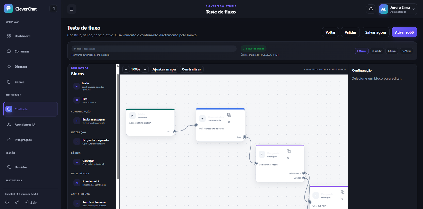 Editor visual de automações da plataforma CleverChat