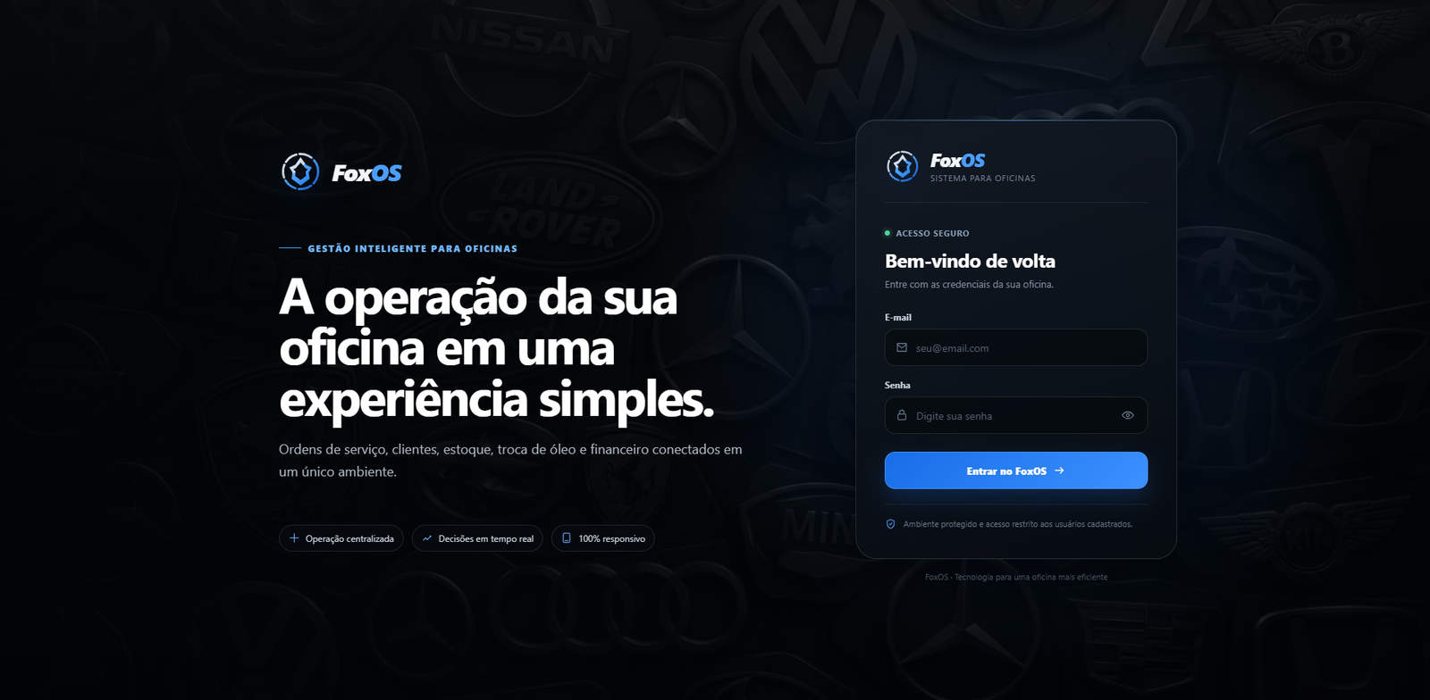 Tela de acesso do FoxOS, sistema de gestão para oficinas